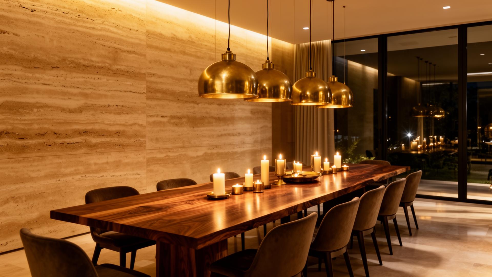 Candlelit luxury dining room with travertine wall