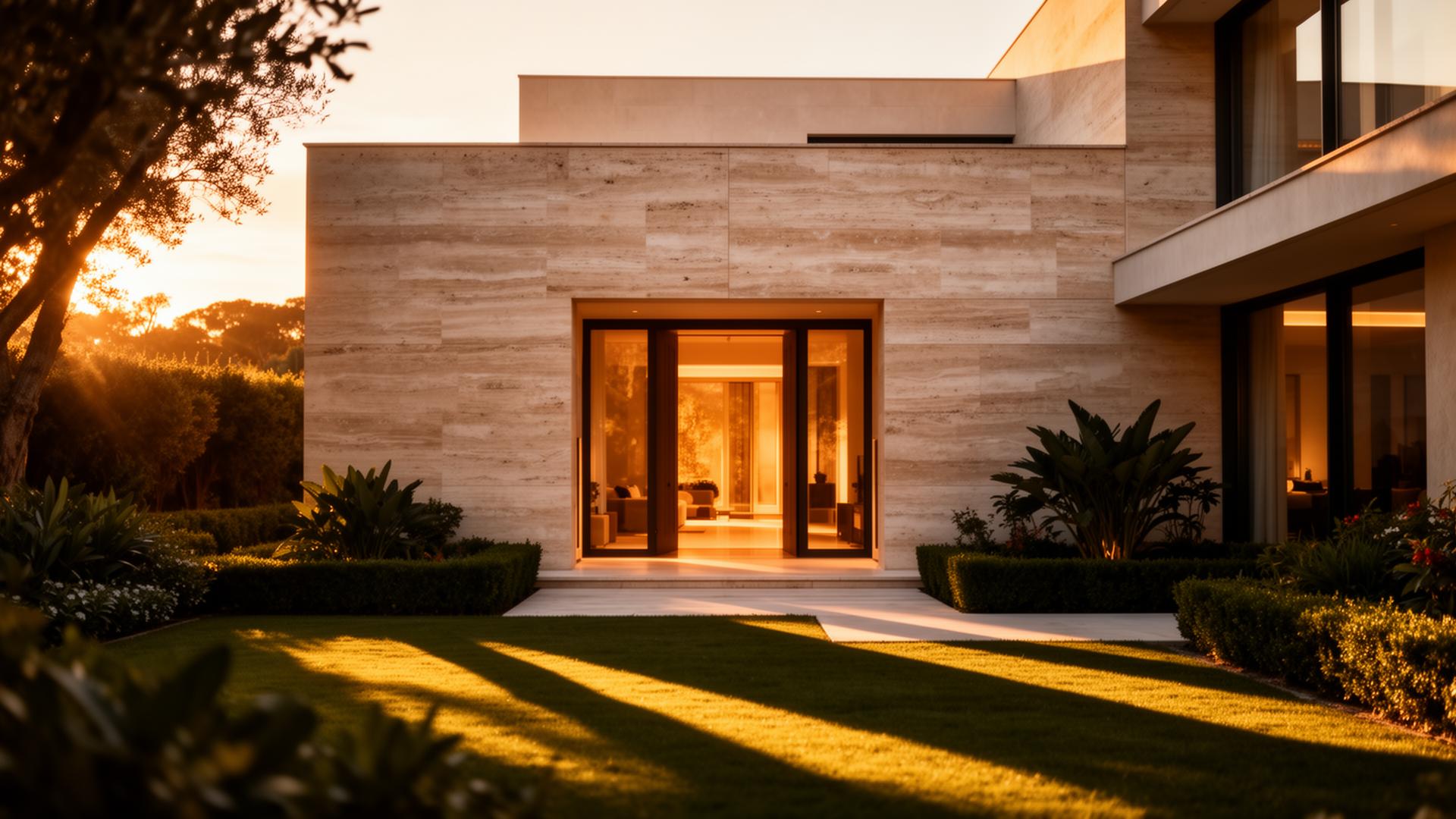 Luxury villa facade at golden hour